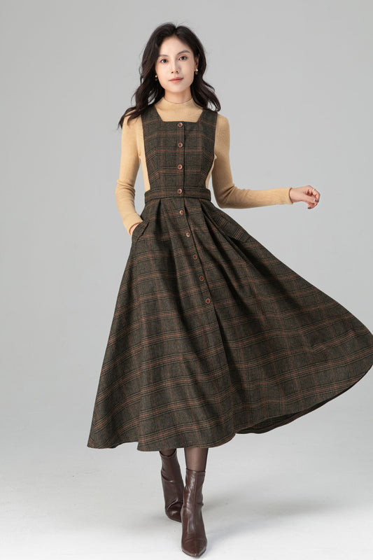 Classic Plaid A Line Apron Midi Wool Dress C5196