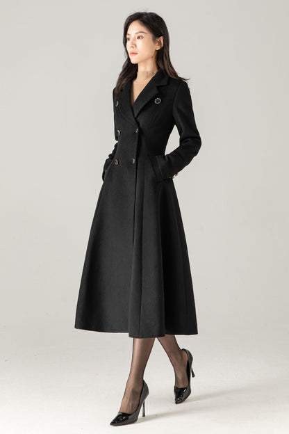 Black Wool-Blend Maxi Coat: Double-Breasted Belted Swing Overcoat, Ylistyle C5372