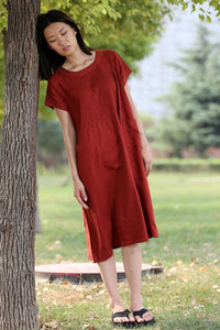 Red linen dress midi dress C283