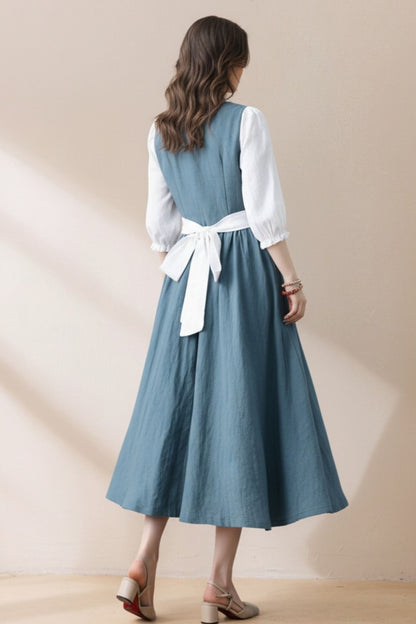 Handmade Pleated Swing Midi Linen Dress C5386