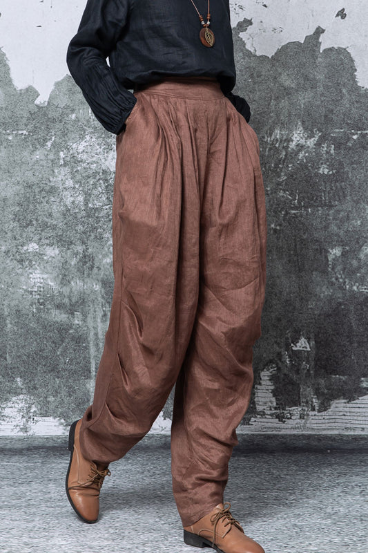 Brown Linen Harem Pants: High Waisted Wide Leg Trousers, Ylistyle C5462
