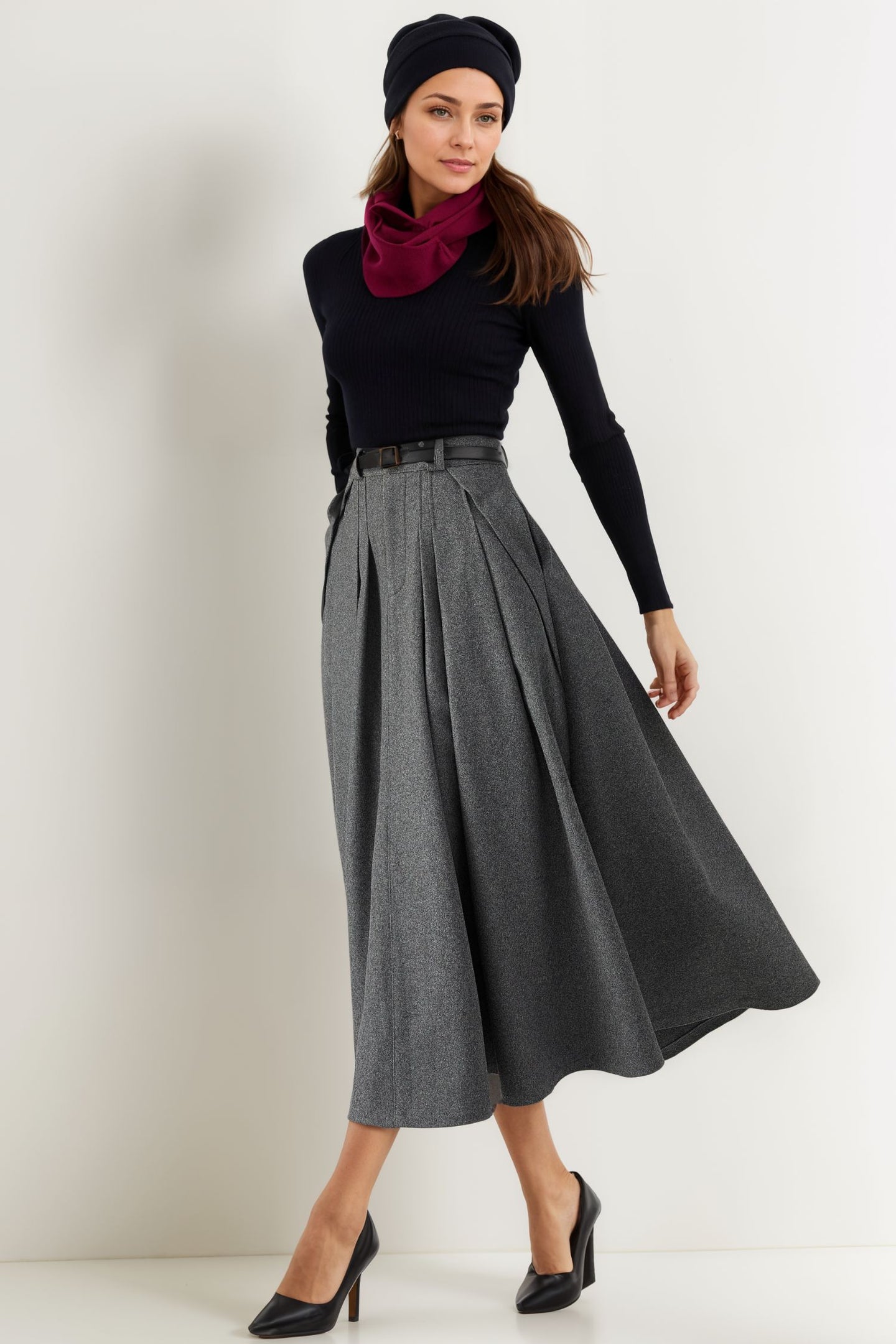 Gray Wool Midi Skirt Women C4026