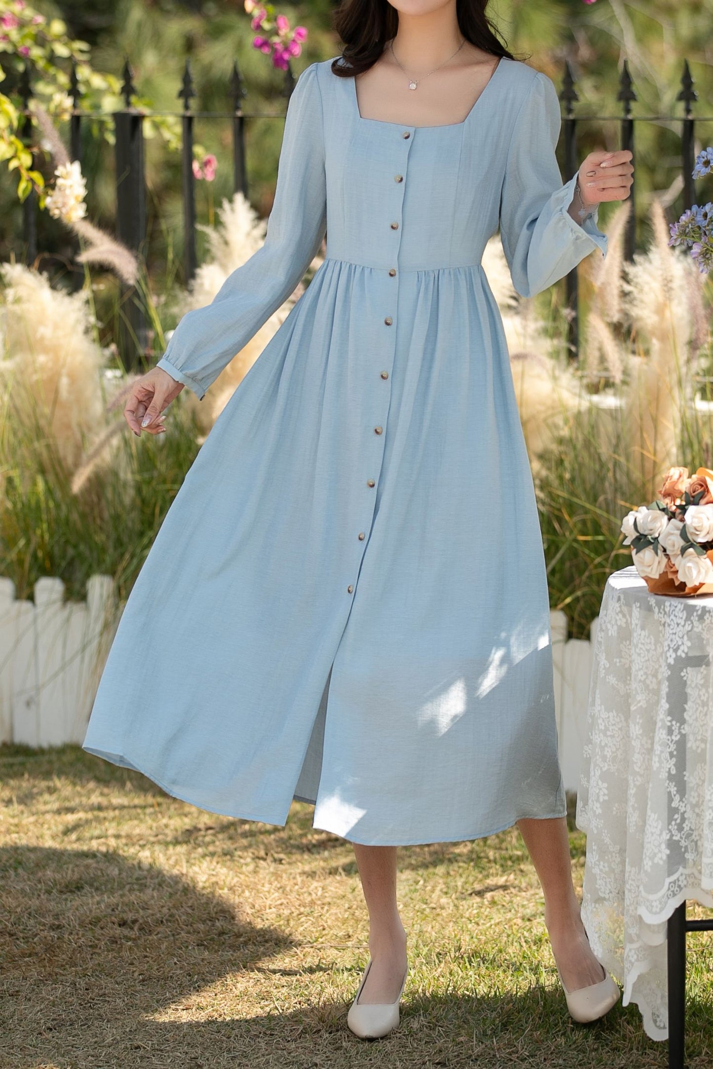 Blue Linen Midi Dress: Square Neck Long Sleeve Button Front A-Line Dress, Ylistyle C5442