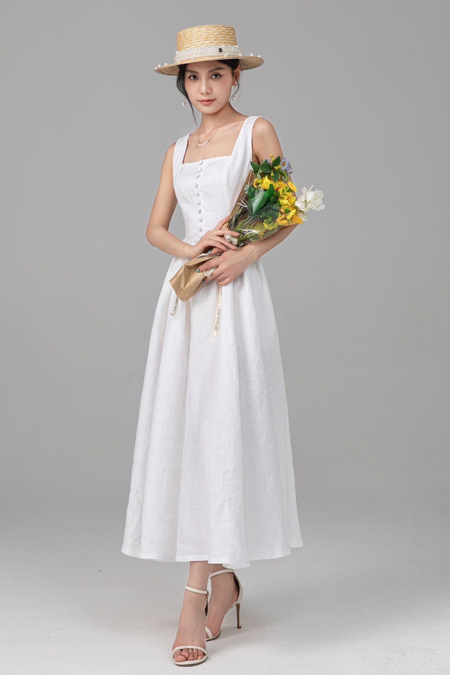 White Linen Maxi Dress - Square Neck Button Front, Pleated Waist C5526