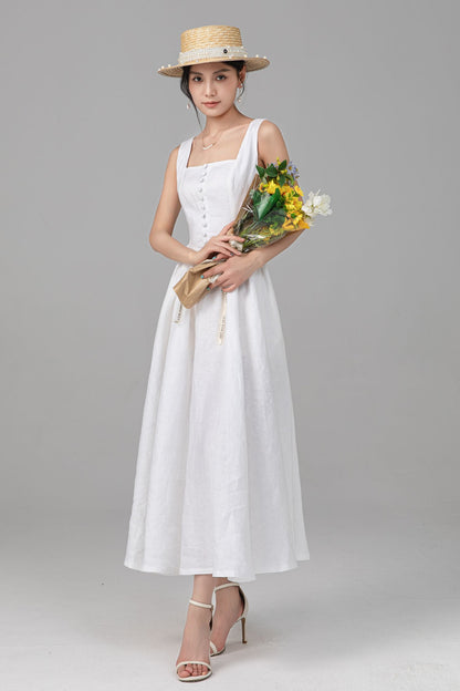 White Linen Maxi Dress - Square Neck Button Front, Pleated Waist C5526