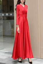 Load image into Gallery viewer, Red long-sleeved V-neck long dress C4178
