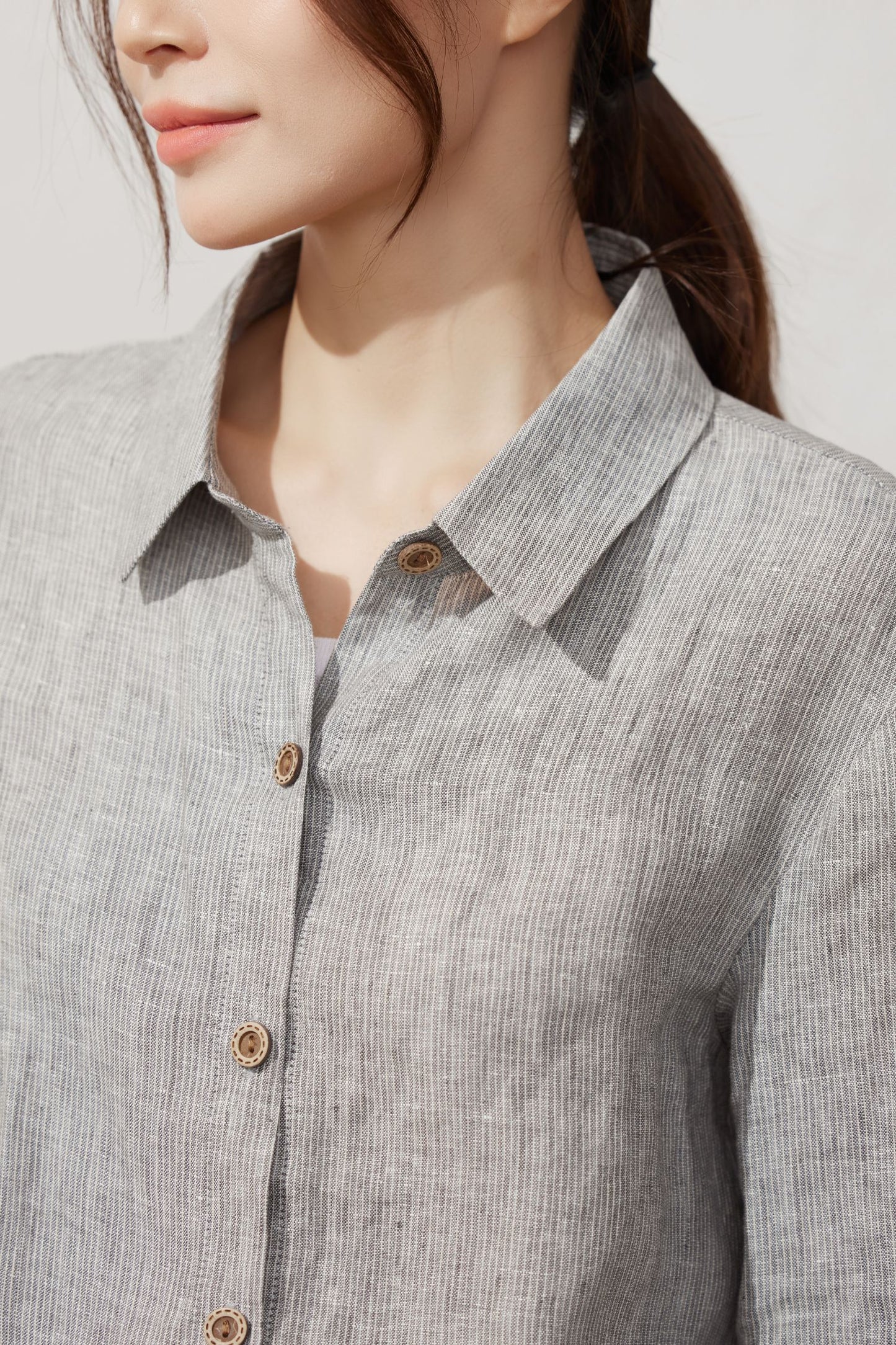 Women's Casual Light Grey Striped Linen Shirt C3937