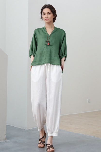 Linen blouse, green linen tops, Linen blouse for women, Oversized Linen top C5319