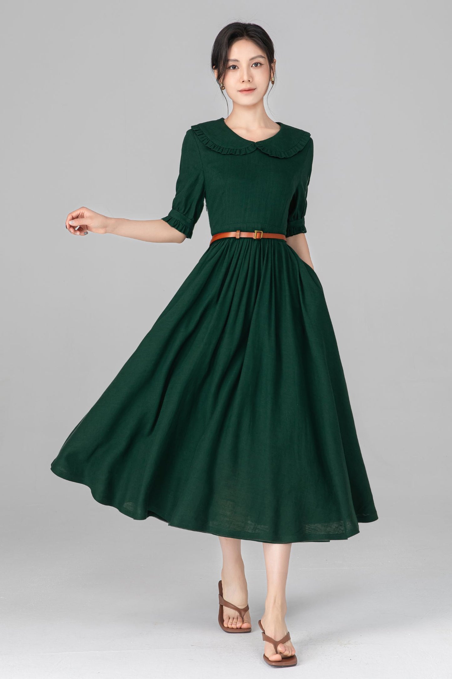 Dark Green Linen Midi Dress - Peter Pan Collar, Puff Sleeve c5515