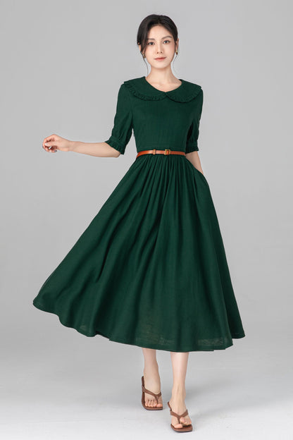 Dark Green Linen Midi Dress - Peter Pan Collar, Puff Sleeve c5515