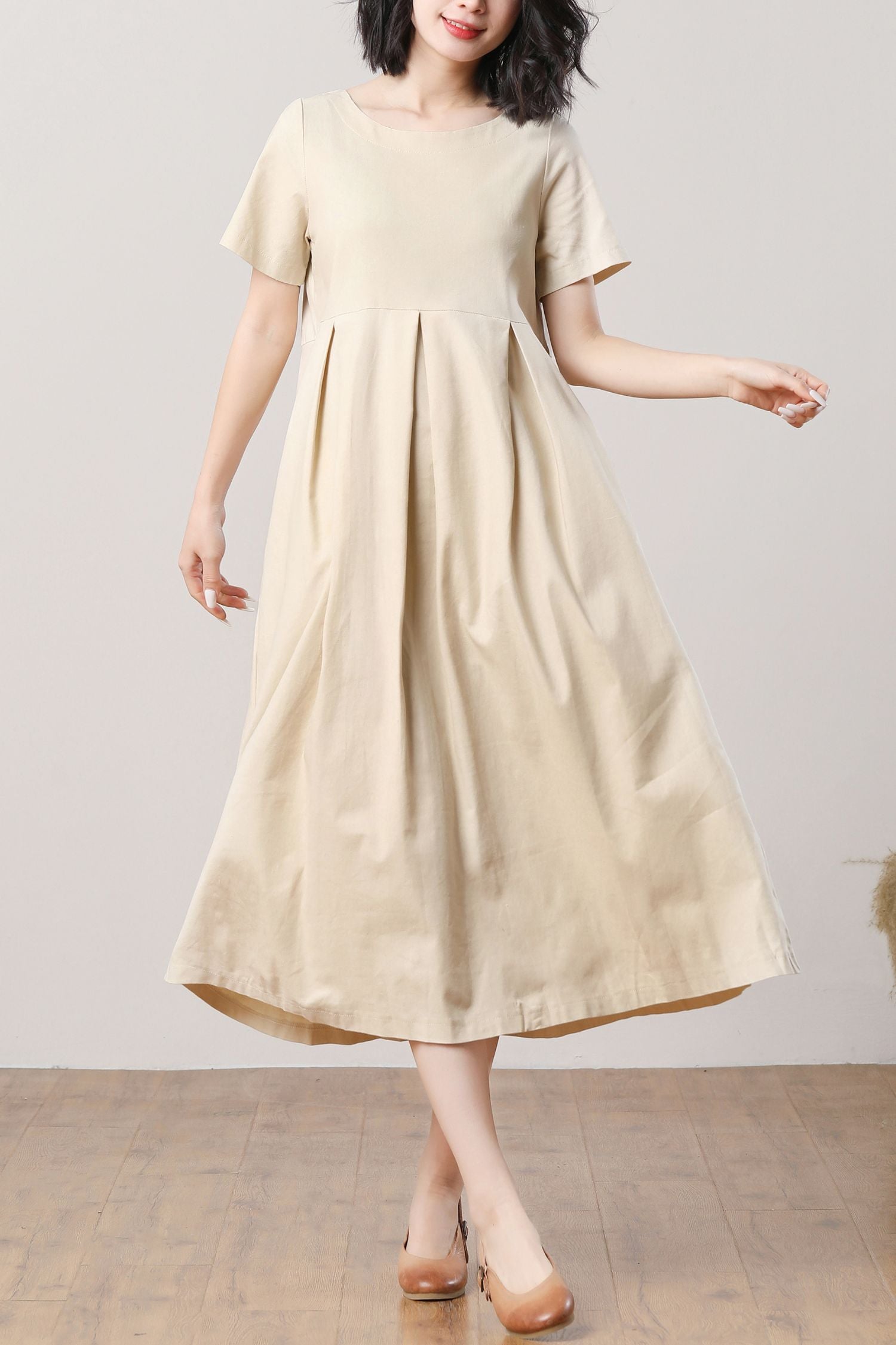 Beige Linen Midi Dress with Pleated Waist and Short Sleeves Natural Linen / XS