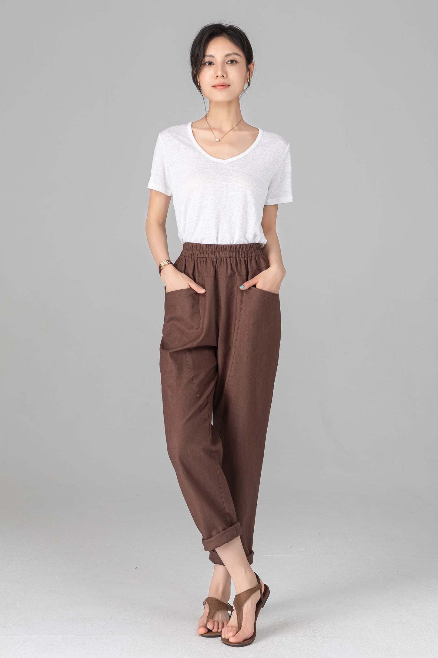 Brown Linen Cotton Harem Pants - Elastic Waist Relaxed Casual Trousers C5523
