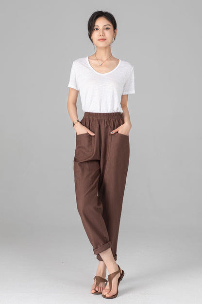 Brown Linen Cotton Harem Pants - Elastic Waist Relaxed Casual Trousers C5523