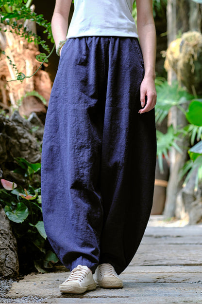 Beige Linen Lantern Pants - High Waist, Wide Leg Relaxed Fit L0616