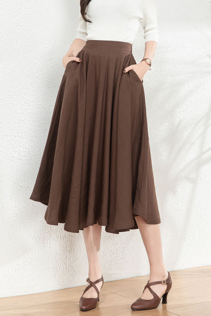 Brown Linen Swing Mid-Length A-Line Skirt C4764