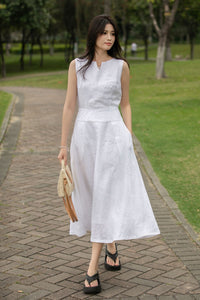 Sleeveless linen midi womens Dress C4013