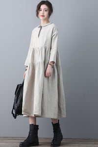 Loose Linen Midi Oversized Long Sleeve A line Dress with Pocket C1848