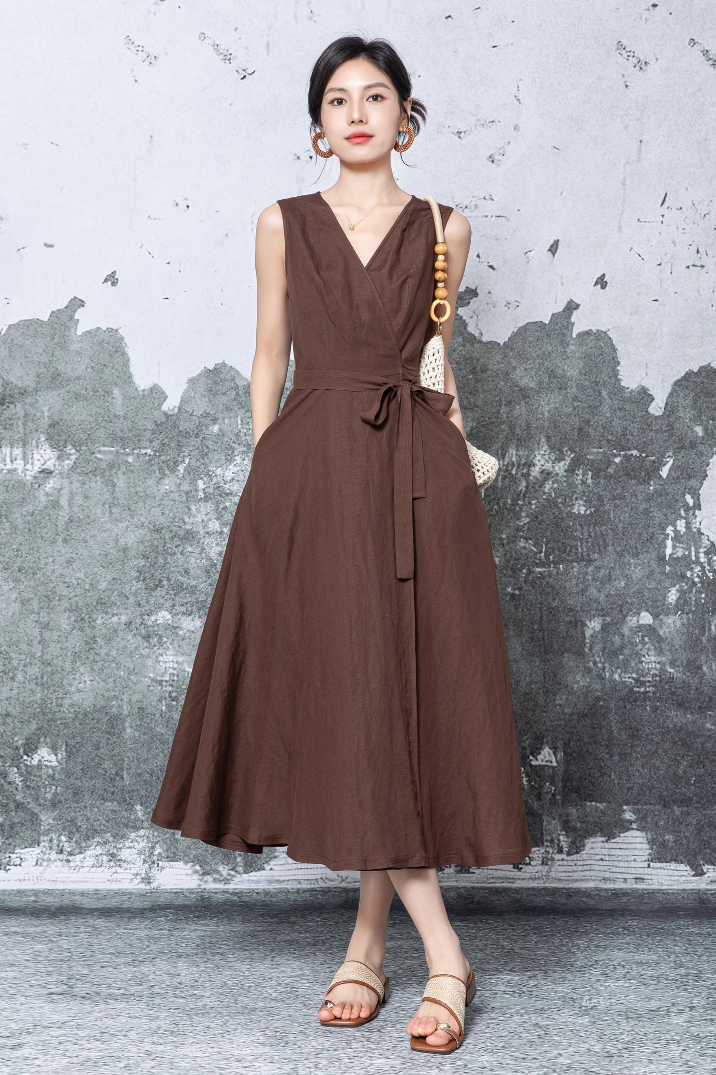 Brown Linen Wrap Midi Dress - Sleeveless V-Neck Tie Waist c5476