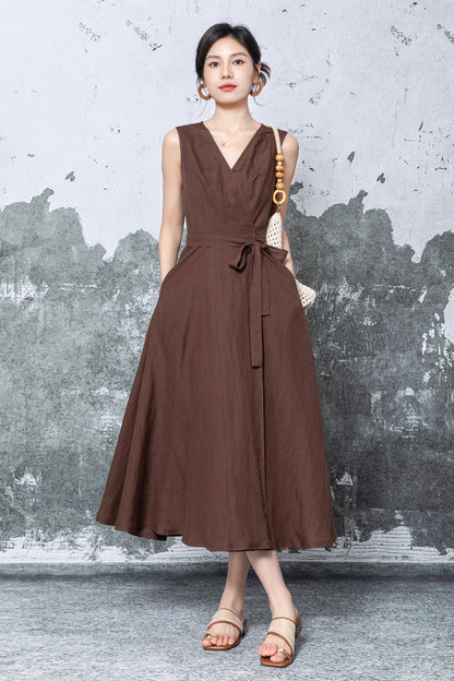 Brown Linen Wrap Midi Dress - Sleeveless V-Neck Tie Waist c5476