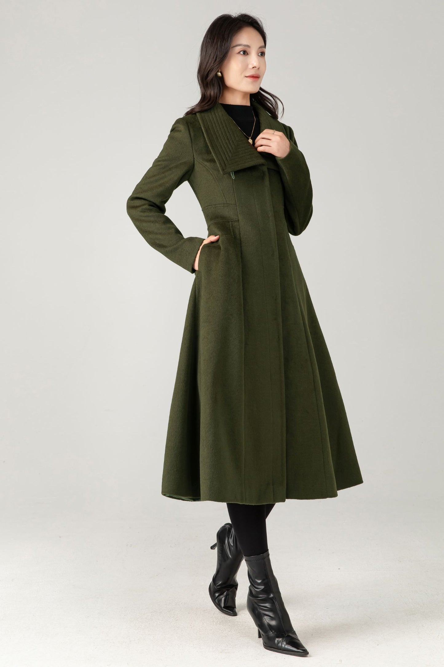 Army Green Wool Midi Coat: Women Tailored Winter Coat with Statement Collar C5335