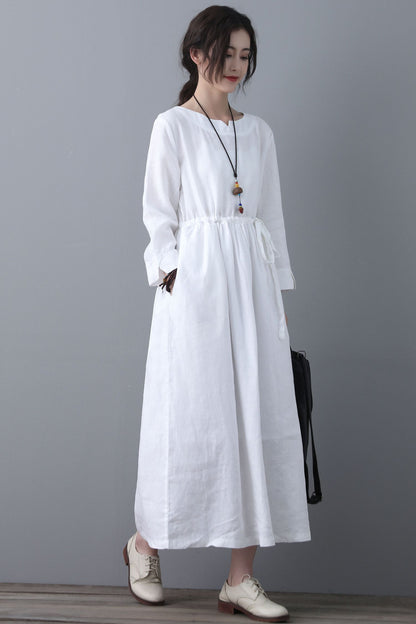 White Linen Casual Long Sleeve Drawstring Waist Dress C4617