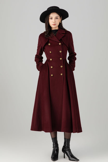 Burgundy winter long warm wool coat C5271