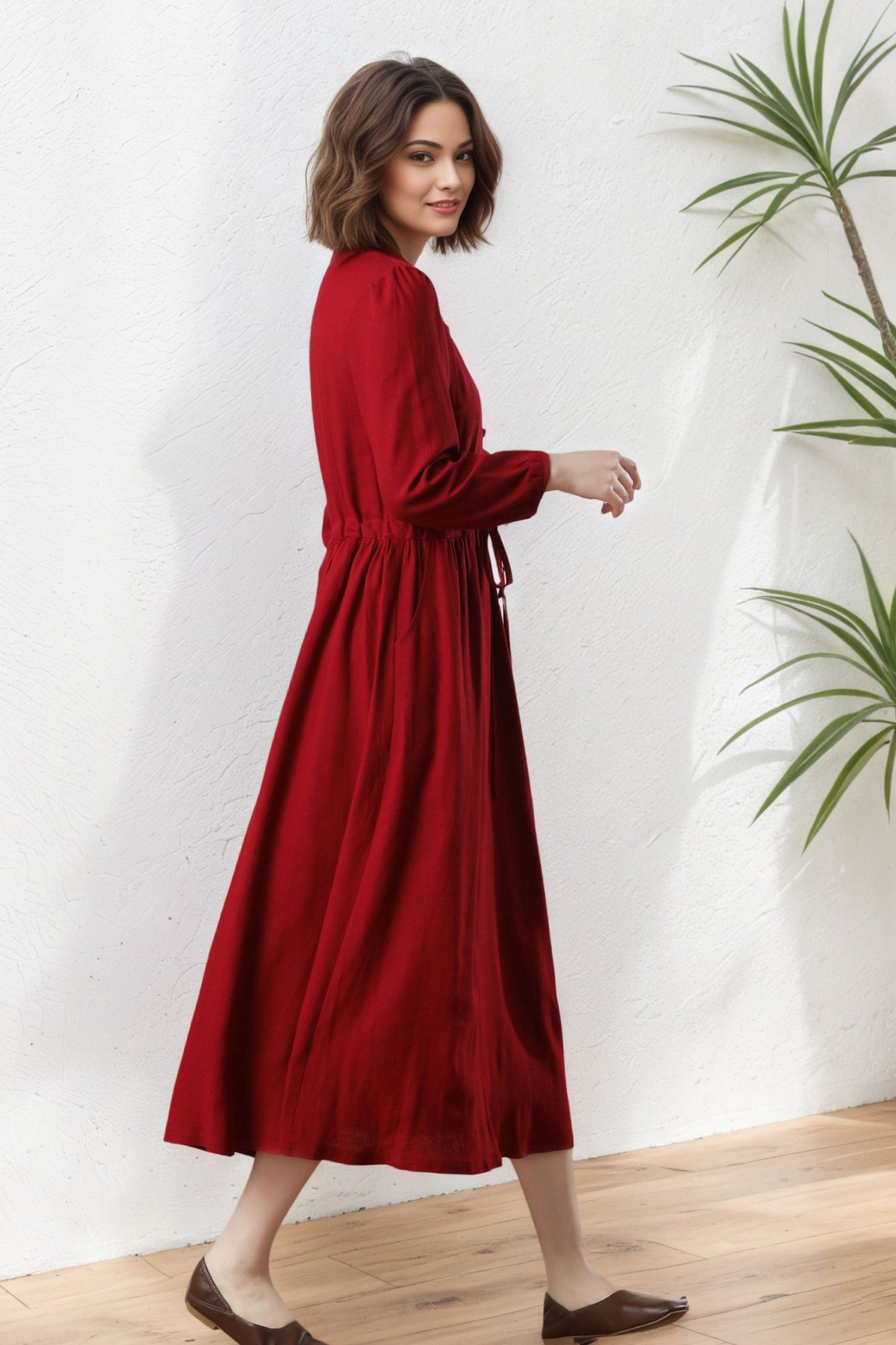 Red Linen Midi Dress: Long Sleeves Button Front Drawstring Waist Dress , Ylistyle C5329