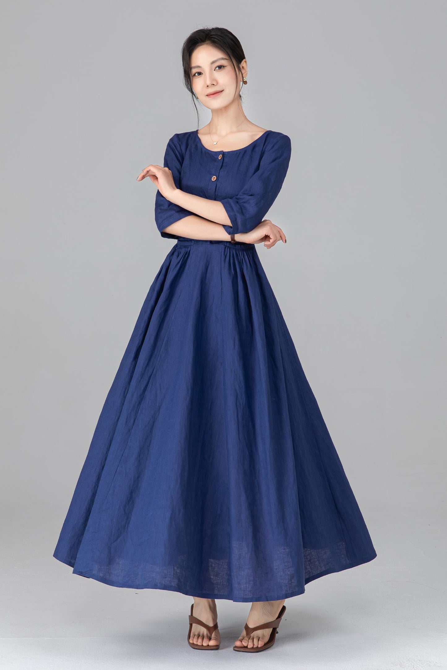 Blue Linen Maxi Dress - Pleated Waist & Button Front | Ylistyle C5514