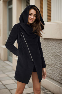 Black Hooded Asymmetrical Wool Coat C4323