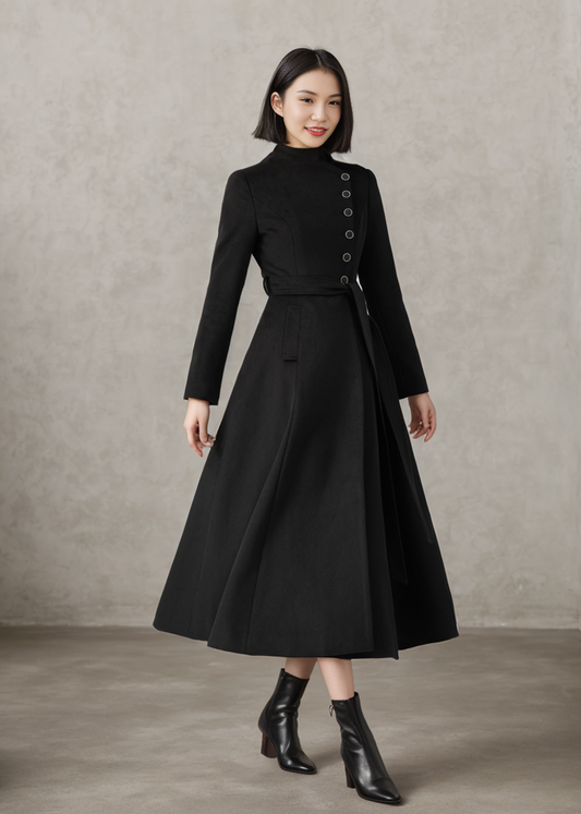 Winter Black button Long Wrap Wool Coat Women C4408