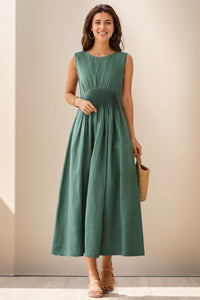 sleeveless Green maxi linen dress C4138