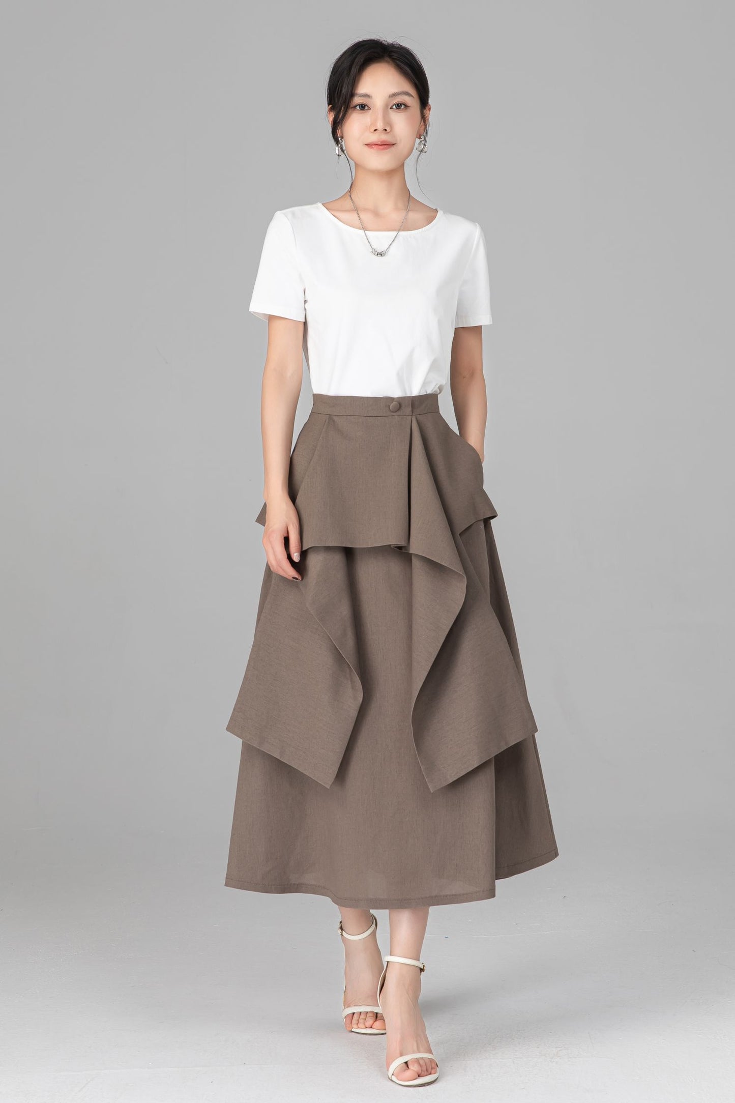 Khaki Linen Cotton Midi Skirt - Asymmetrical Layered Ruffle A-Line C5521