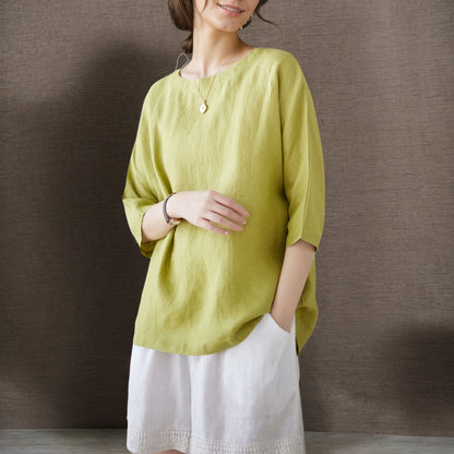 Green Half Sleeve Linen Tops C4855