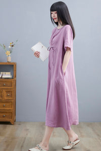 Casual A Line Purple Linen Midi Dress For Women C2252