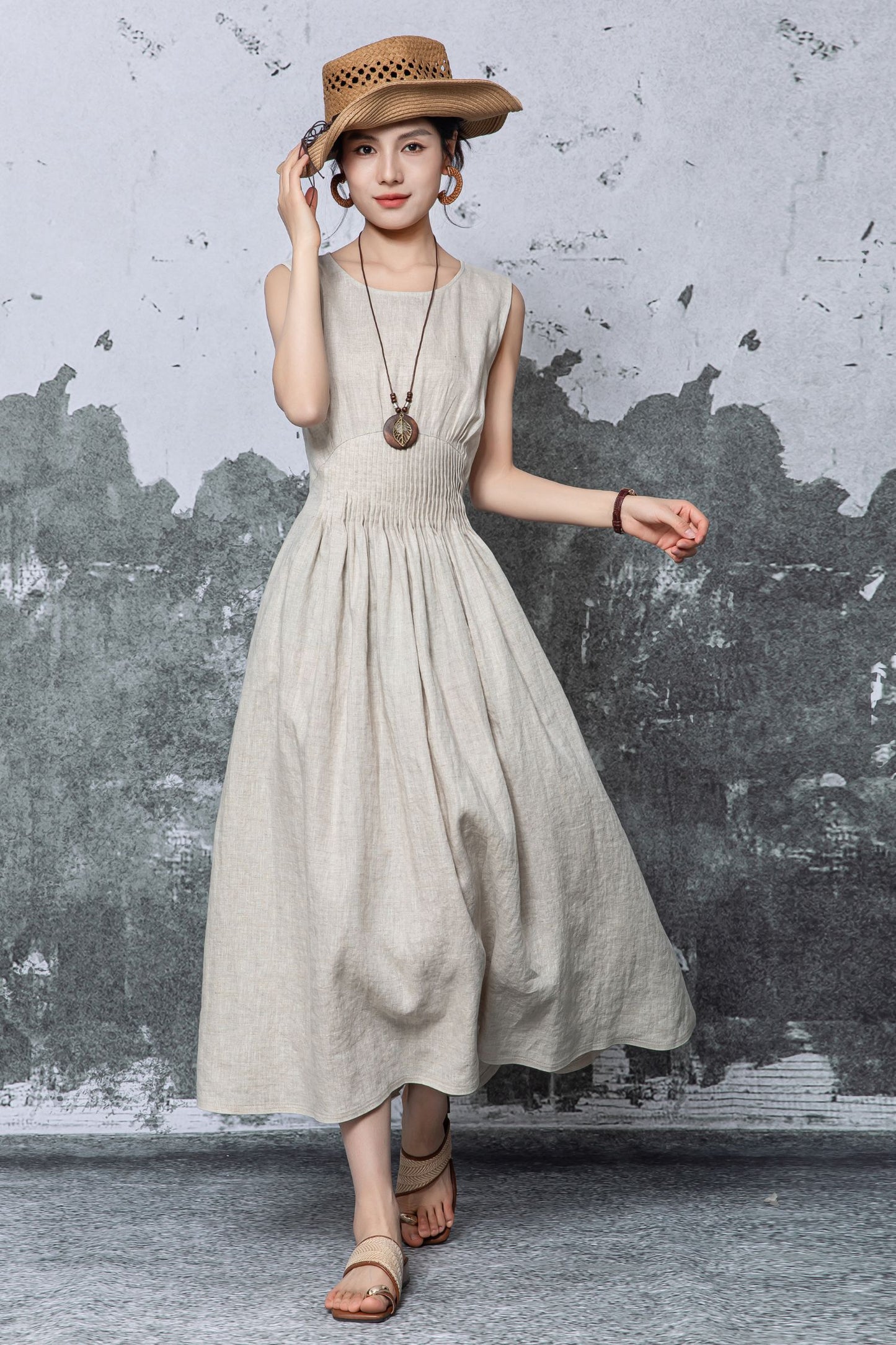 Natural Linen Maxi Dress - Sleeveless A-Line with Smocked Waist c5468