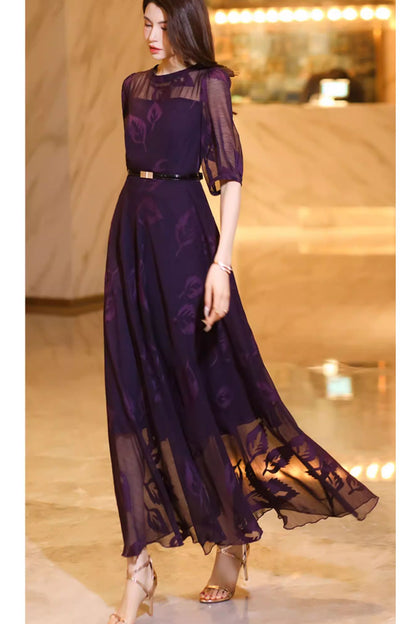 Purple prom long chiffon dress women C4931
