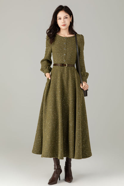 Olive Tweed Wool Maxi Dress — Vintage Button‑Front A‑Line with Pockets C5243