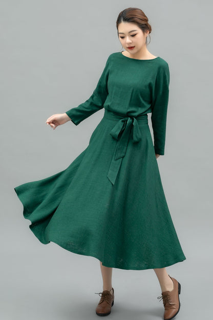 Women's Spring Burgundy Linen belted Dress C4104