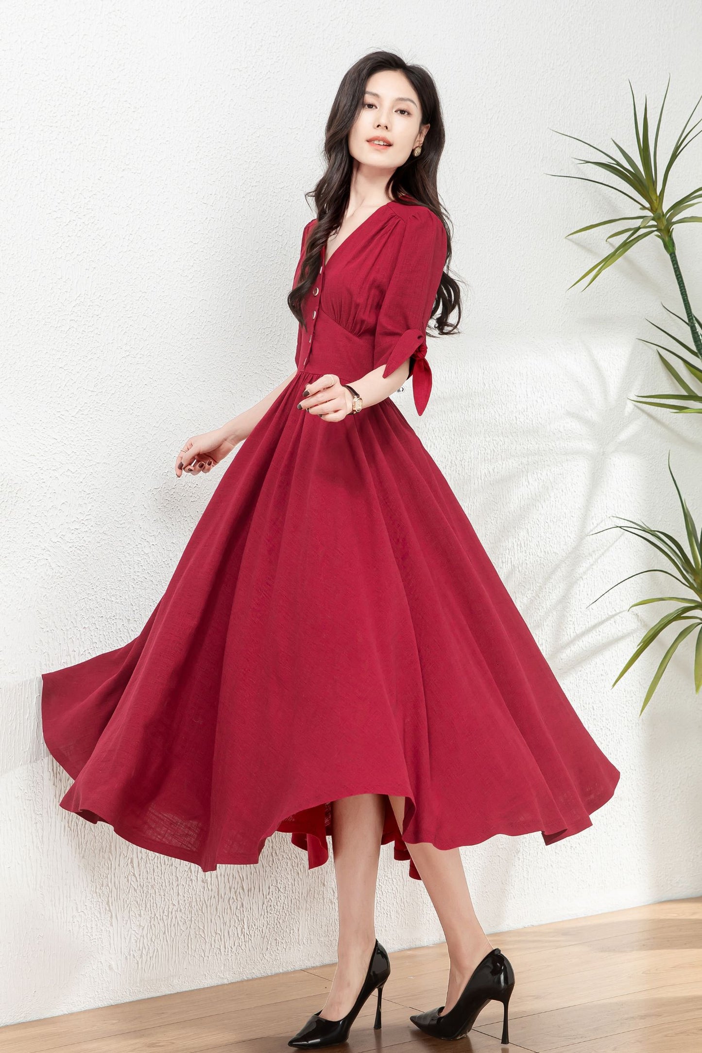 Burgundy fit and flare linen dress C4771