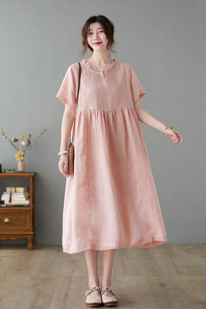 Midi Linen Casual Pink Swing Loose Fit Dress C2247