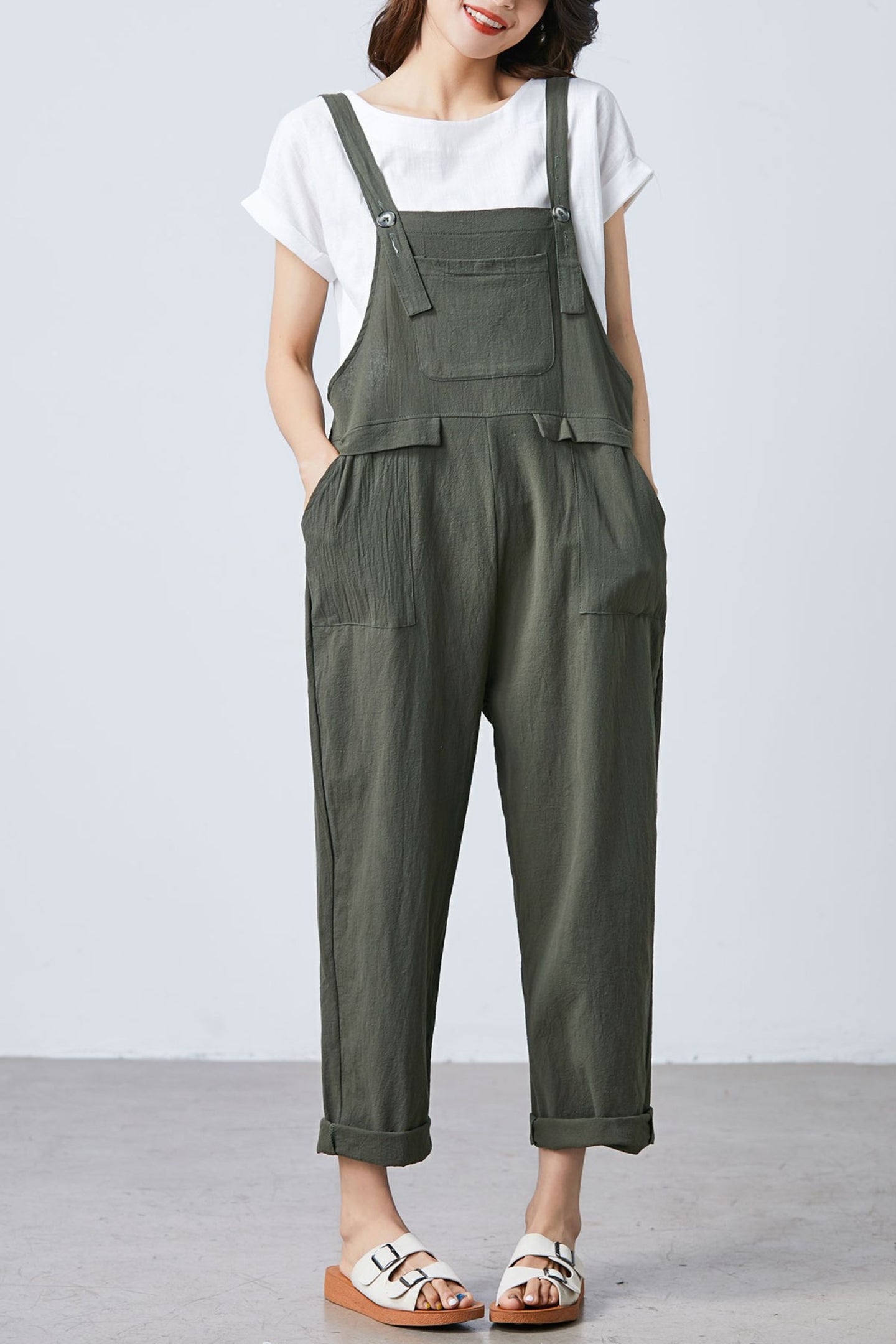 Summer green linen jumpsuit women C1697