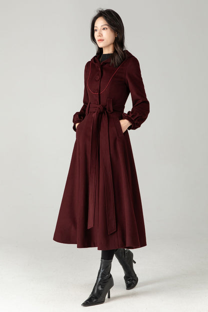 Burgundy Wool Blend Hooded Coat: Retro Belted A-Line Long Winter Coat C5343