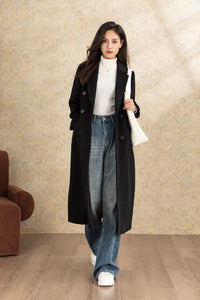 Black winter long casual wool coat C4467