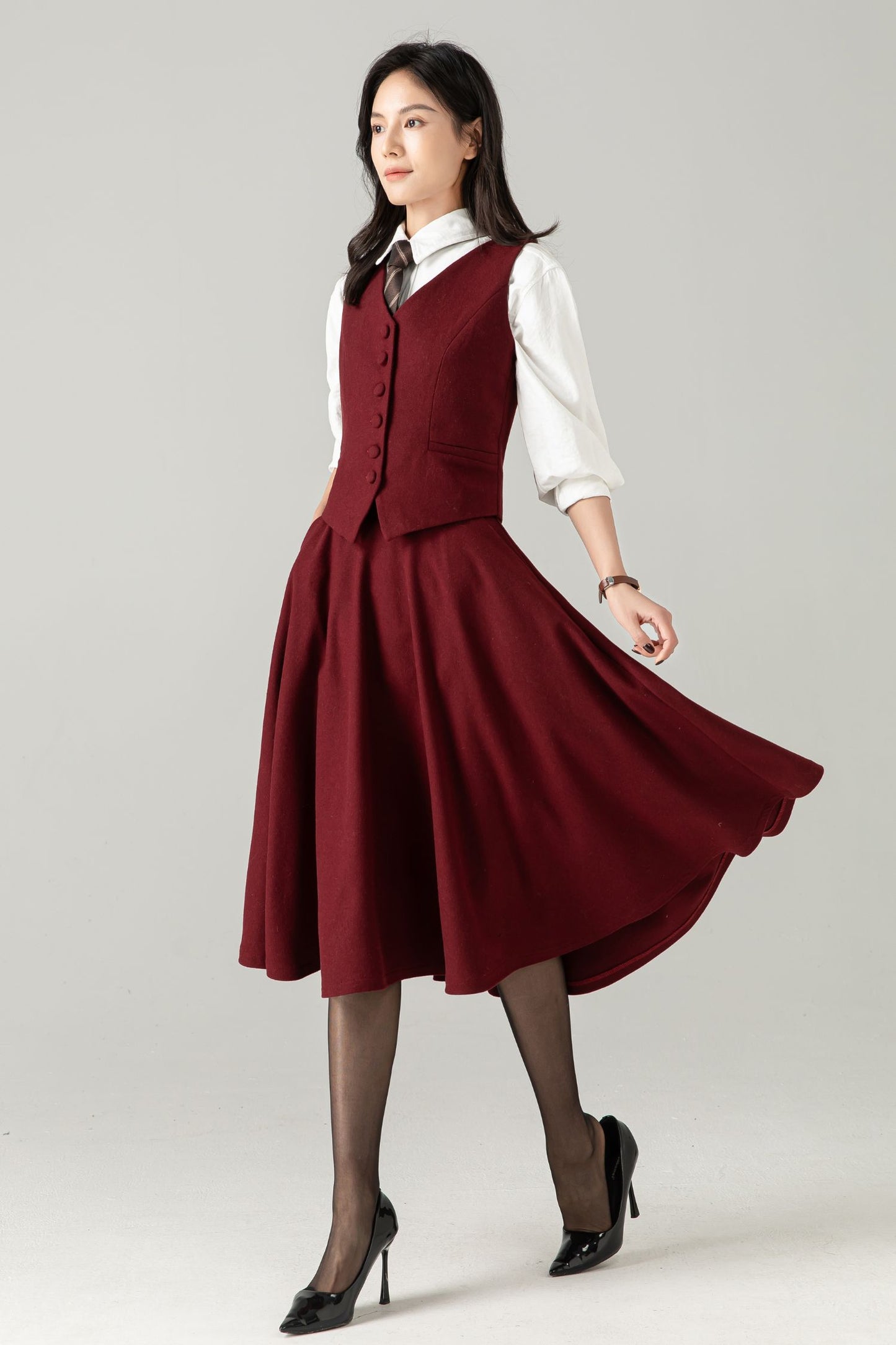 Burgundy Wool Midi Skirt: High Waist Winter A-Line Swing Skirt with Pockets, Ylistyle C5371