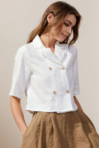 White Double Breasted Linen Shirt C4134