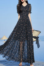 Load image into Gallery viewer, Black floral chiffon V-neck dress C4084
