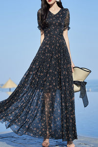 Black floral chiffon V-neck dress C4084