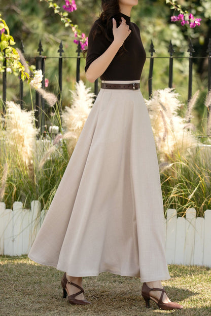 Beige Linen Cotton Maxi Skirt: High Waisted A-Line Summer Skirt, Ylistyle C5443