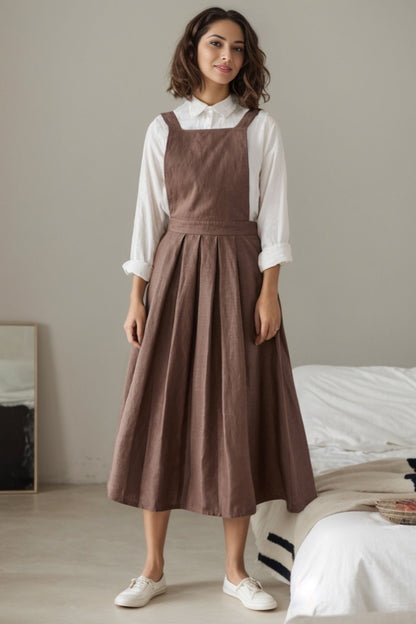 Summer pinafore linen dress with pockets C3230