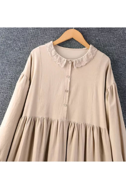 Spring long sleeves corduroy dress with lace details women C5432